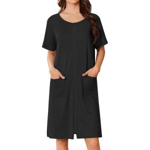 imageEkouaer Women Zip Up Robe Short Bathrobe Lightweight House Coats Floral Print House Dress with Pockets Nightgown S3XLBlack