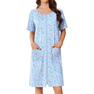 imageEkouaer Women Zip Up Robe Short Bathrobe Lightweight House Coats Floral Print House Dress with Pockets Nightgown S3XLBlue Grid Floral