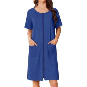 imageEkouaer Women Zip Up Robe Short Bathrobe Lightweight House Coats Floral Print House Dress with Pockets Nightgown S3XLDeep Blue