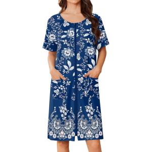 imageEkouaer Women Zip Up Robe Short Bathrobe Lightweight House Coats Floral Print House Dress with Pockets Nightgown S3XLEvening Blue Vines