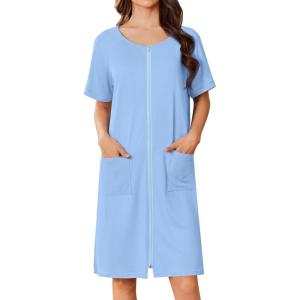 imageEkouaer Women Zip Up Robe Short Bathrobe Lightweight House Coats Floral Print House Dress with Pockets Nightgown S3XLLight Blue