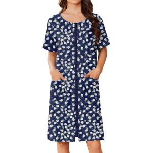 imageEkouaer Women Zip Up Robe Short Bathrobe Lightweight House Coats Floral Print House Dress with Pockets Nightgown S3XLNavy Floral