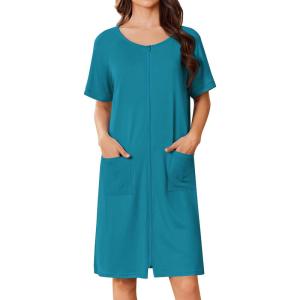 imageEkouaer Women Zip Up Robe Short Bathrobe Lightweight House Coats Floral Print House Dress with Pockets Nightgown S3XLPeacock Blue