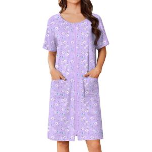 imageEkouaer Women Zip Up Robe Short Bathrobe Lightweight House Coats Floral Print House Dress with Pockets Nightgown S3XLPurple Floral