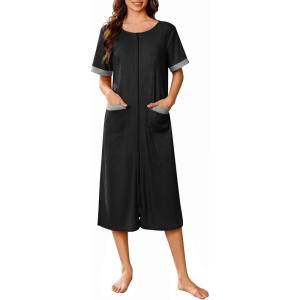 imageEkouaer Zip Up Robes for Women Long Waffle Knit Bathrobe Lightweight house coat Soft Full Length Nightgown with Pockets S3XLBlack