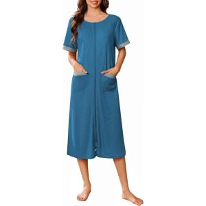 imageEkouaer Zip Up Robes for Women Long Waffle Knit Bathrobe Lightweight house coat Soft Full Length Nightgown with Pockets S3XLDark Blue