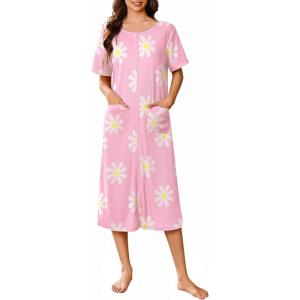 imageEkouaer Zip Up Robes for Women Long Waffle Knit Bathrobe Lightweight house coat Soft Full Length Nightgown with Pockets S3XLFloral Pink