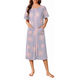 imageEkouaer Zip Up Robes for Women Long Waffle Knit Bathrobe Lightweight house coat Soft Full Length Nightgown with Pockets S3XLFloral Purple