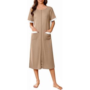 imageEkouaer Zip Up Robes for Women Long Waffle Knit Bathrobe Lightweight house coat Soft Full Length Nightgown with Pockets S3XLKhaki
