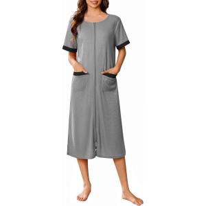 imageEkouaer Zip Up Robes for Women Long Waffle Knit Bathrobe Lightweight house coat Soft Full Length Nightgown with Pockets S3XLLight Gray
