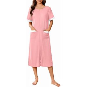 imageEkouaer Zip Up Robes for Women Long Waffle Knit Bathrobe Lightweight house coat Soft Full Length Nightgown with Pockets S3XLLight Pink