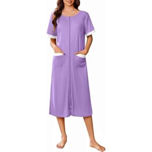 imageEkouaer Zip Up Robes for Women Long Waffle Knit Bathrobe Lightweight house coat Soft Full Length Nightgown with Pockets S3XLLight Purple