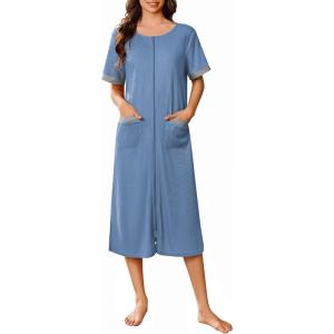 imageEkouaer Zip Up Robes for Women Long Waffle Knit Bathrobe Lightweight house coat Soft Full Length Nightgown with Pockets S3XLNavy
