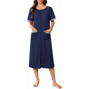 imageEkouaer Zip Up Robes for Women Long Waffle Knit Bathrobe Lightweight house coat Soft Full Length Nightgown with Pockets S3XLNavy Blue