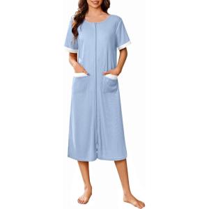 imageEkouaer Zip Up Robes for Women Long Waffle Knit Bathrobe Lightweight house coat Soft Full Length Nightgown with Pockets S3XLSky Blue