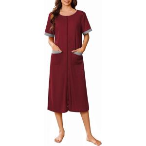 imageEkouaer Zip Up Robes for Women Long Waffle Knit Bathrobe Lightweight house coat Soft Full Length Nightgown with Pockets S3XLWine Red