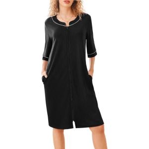 imageEkouaer Women Robes Zipper Front 34 Sleeve Housecoat Zip Up Bathrobes Lightweight Nightgown with Pockets SXXLBlack