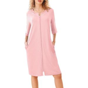 imageEkouaer Women Robes Zipper Front 34 Sleeve Housecoat Zip Up Bathrobes Lightweight Nightgown with Pockets SXXLDark Pink