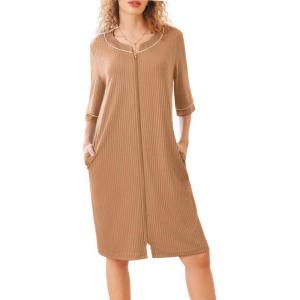 imageEkouaer Women Robes Zipper Front 34 Sleeve Housecoat Zip Up Bathrobes Lightweight Nightgown with Pockets SXXLKhaki