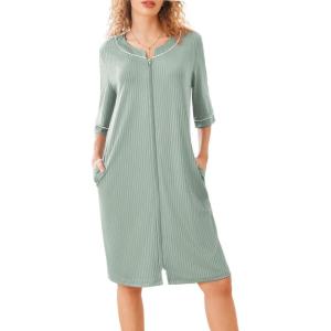 imageEkouaer Women Robes Zipper Front 34 Sleeve Housecoat Zip Up Bathrobes Lightweight Nightgown with Pockets SXXLLight Green
