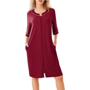imageEkouaer Women Robes Zipper Front 34 Sleeve Housecoat Zip Up Bathrobes Lightweight Nightgown with Pockets SXXLWine Red