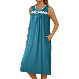 imageEkouaer Nightgowns for Women Sleeveless House Dress Soft Victorian Nightgown Button Night Dress with Pockets SXXLBlue Green