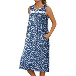 imageEkouaer Nightgowns for Women Sleeveless House Dress Soft Victorian Nightgown Button Night Dress with Pockets SXXLFloral Navy Blue