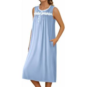 imageEkouaer Nightgowns for Women Sleeveless House Dress Soft Victorian Nightgown Button Night Dress with Pockets SXXLLight Blue