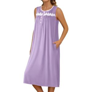 imageEkouaer Nightgowns for Women Sleeveless House Dress Soft Victorian Nightgown Button Night Dress with Pockets SXXLLilac