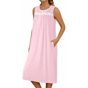 imageEkouaer Nightgowns for Women Sleeveless House Dress Soft Victorian Nightgown Button Night Dress with Pockets SXXLPink