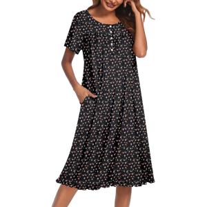 imageEkouaer Nightgowns for Women with Pockets Button Front Short Sleeve House Dresses Floral Print Mumu DressBlack