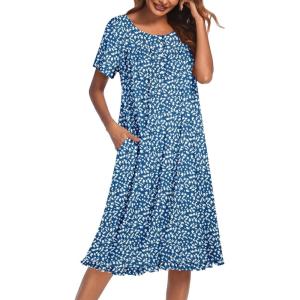 imageEkouaer Nightgowns for Women with Pockets Button Front Short Sleeve House Dresses Floral Print Mumu DressBlue