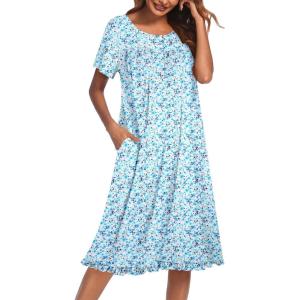 imageEkouaer Nightgowns for Women with Pockets Button Front Short Sleeve House Dresses Floral Print Mumu DressBlue Flower