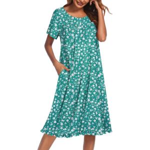 imageEkouaer Nightgowns for Women with Pockets Button Front Short Sleeve House Dresses Floral Print Mumu DressGreen