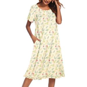 imageEkouaer Nightgowns for Women with Pockets Button Front Short Sleeve House Dresses Floral Print Mumu DressGreen Leaf