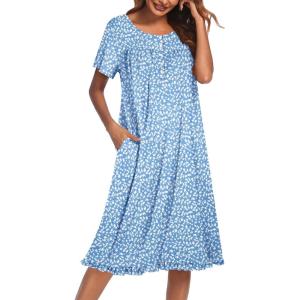 imageEkouaer Nightgowns for Women with Pockets Button Front Short Sleeve House Dresses Floral Print Mumu DressLight Blue