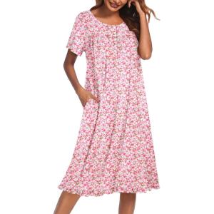 imageEkouaer Nightgowns for Women with Pockets Button Front Short Sleeve House Dresses Floral Print Mumu DressPink Flower