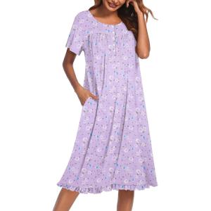 imageEkouaer Nightgowns for Women with Pockets Button Front Short Sleeve House Dresses Floral Print Mumu DressPurple