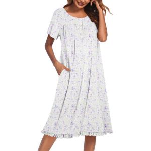imageEkouaer Nightgowns for Women with Pockets Button Front Short Sleeve House Dresses Floral Print Mumu DressPurple Flower