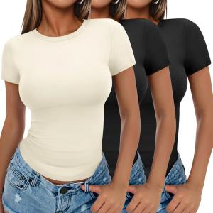 imageEkouaer Womens Basic Tee Shirts 3 Pack Short Sleeve Crew Neck Thermal Underwear Tops Base Layer3pcs Black Black Beige