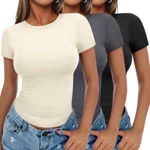 imageEkouaer Womens Basic Tee Shirts 3 Pack Short Sleeve Crew Neck Thermal Underwear Tops Base Layer3pcs Black Dark Gray Beige