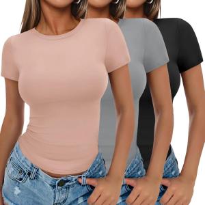 imageEkouaer Womens Basic Tee Shirts 3 Pack Short Sleeve Crew Neck Thermal Underwear Tops Base Layer3pcs Black Light Gray Dirty Pink