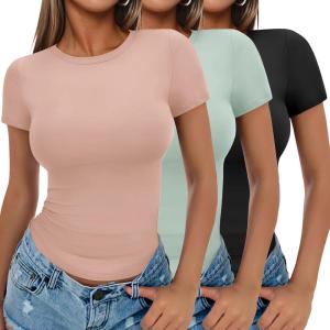 imageEkouaer Womens Basic Tee Shirts 3 Pack Short Sleeve Crew Neck Thermal Underwear Tops Base Layer3pcs Black Light Green Dirty Pink