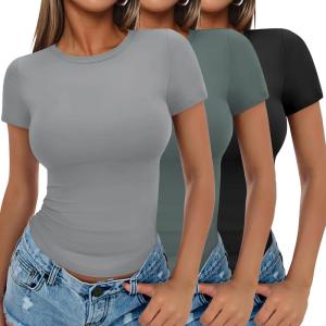 imageEkouaer Womens Basic Tee Shirts 3 Pack Short Sleeve Crew Neck Thermal Underwear Tops Base Layer3pcs Black Sage Green Light Gray