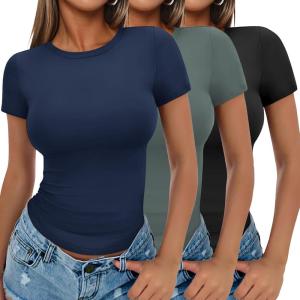 imageEkouaer Womens Basic Tee Shirts 3 Pack Short Sleeve Crew Neck Thermal Underwear Tops Base Layer3pcs Black Sage Green Navy Blue