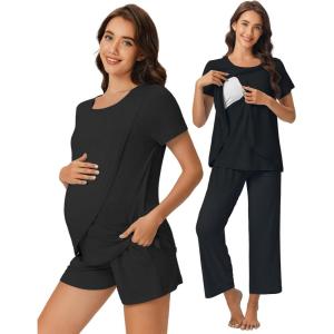 imageEkouaer 3 PCS Maternity Nursing Pajamas Set Postpartum Breastfeeding Short Sleeve Shirts Pregnancy Shorts ampamp Pants Pjs SXXLBlack