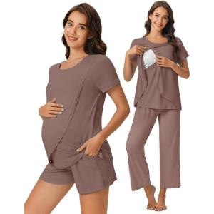 imageEkouaer 3 PCS Maternity Nursing Pajamas Set Postpartum Breastfeeding Short Sleeve Shirts Pregnancy Shorts ampamp Pants Pjs SXXLBrown