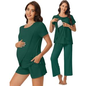 imageEkouaer 3 PCS Maternity Nursing Pajamas Set Postpartum Breastfeeding Short Sleeve Shirts Pregnancy Shorts ampamp Pants Pjs SXXLDark Green