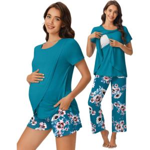 imageEkouaer 3 PCS Maternity Nursing Pajamas Set Postpartum Breastfeeding Short Sleeve Shirts Pregnancy Shorts ampamp Pants Pjs SXXLGreen Print
