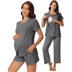 imageEkouaer 3 PCS Maternity Nursing Pajamas Set Postpartum Breastfeeding Short Sleeve Shirts Pregnancy Shorts ampamp Pants Pjs SXXLGrey
